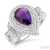 10X7 MM Pear Cut Amethyst and 1/20 Ctw Round Cut Diamond Semi-Precious Ring in Sterling Silver